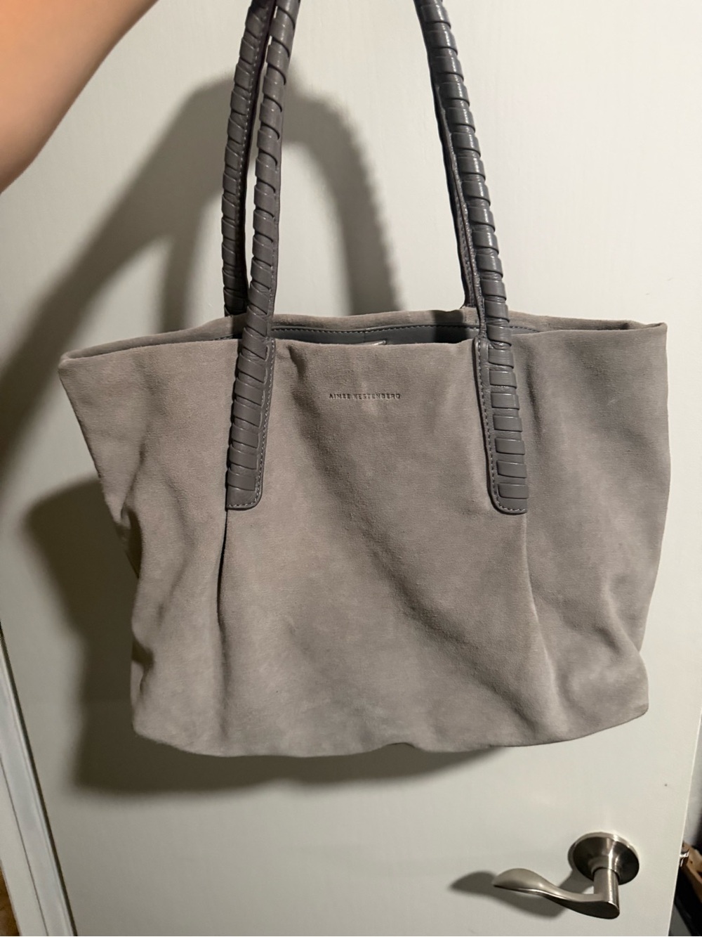 Aimee Kestenberg luxury Taupe Grey Suede Tote with Wrapped Handles
